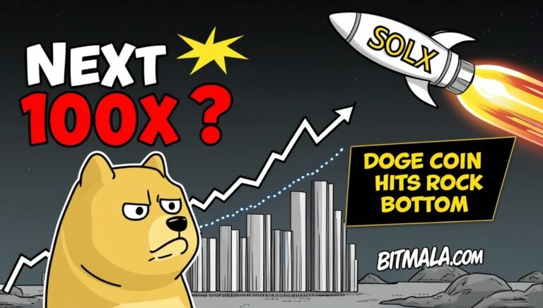 Leonardo Phoenix 09 A sad Dogecoin mascot looking at a falling 1 Bitmala