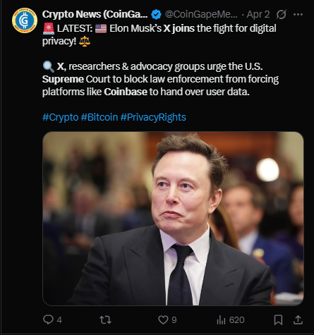 Musk's X joins the Coinbase Fight